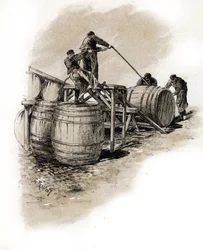 Le stacking des tonneaux de vin, Bercy Paris (Los estibadores apilan los toneles de vino, Bercy, París) Dibujo de Gustave Frainpont (1849-1923) extraído de "La seine a travers Paris" de Saint-Juirs.
