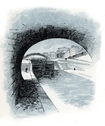 Les ecluses du canal saint Martin, paris (Vista de las esclusas del canal Saint-Martin, París) Dibujo de Gustave Fraipont (1849-1923) extraído de "La seine a travers Paris" de Saint-Juirs