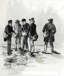 Les marchands de bout de cigare dans quartier Maubert, Paris (Comerciantes callejeros de puntas de cigarros y cigarrillos, barrio de Maubert, París) Dibujo de Gustave Fraipont (1849-1923) extraído de "La seine a travers Paris" de Saint-Juirs