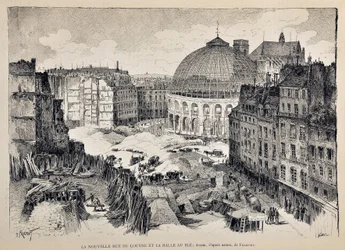 La nueva Rue du Louvre y la Halle au Blé en París en 1887. Ilustración de Gustave Fraipont (1849 - 1923). Grabado de 1887 en “Paris-Illustrous journal weekly”.
