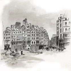 Vista de la plaza Maubert, París Dibujo de Gustave Fraipont (1849-1923) extraído de "La seine a travers Paris" de Saint-Juirs