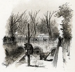 Vista del foso de los osos en el zoológico del Jardin des Plantes, París. Dibujo de Gustave Fraipont (1849-1923) tomado de «La Seine à travers Paris» de Saint-Juirs