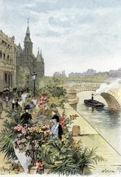 Vista del mercado de las flores, Ile de la Cite, París Dibujo de Gustave Fraipont (1849-1923) desde Saint-Juirs
