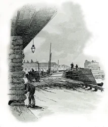 Vista de los hangares del puerto de La Villette en París (Boathouses and shed of the port of La Villette, Paris) Dibujo de Gustave Fraipont (1849-1923) extraído de "La seine a travers Paris" de Saint-Juirs