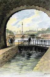 Vista de la esclusa del Canal Saint Martin en París Dibujo de Gustave Fraipont (1849-1923) extraído de "La seine a travers Paris" de Saint-Juirs