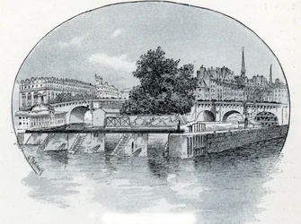 Vista de la esclusa de la Monnaie, delante del Hotel des Monnaie de París Dibujo de Gustave Fraipont (1849-1923) extraído de "La seine a travers Paris" de Saint-Juirs