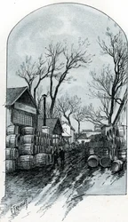 Vista del almacén de la rue de Sauternes, Bercy, París (Vista del almacén de la rue de Sauternes, Bercy, París) Dibujo de Gustave Fraipont (1849-1923) extraído de "La seine a travers Paris" de Saint-Juirs