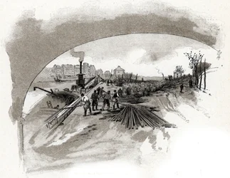 dechargement du fer sur le quai saint Bernard a Paris (Bocados de hierro descargados por los estibadores a orillas del Sena en el muelle Saint-Bernard de París) Dibujo de Gustave Fraipont (1849-1923) extraído de "La seine a travers Paris" de Saint-Juirs.