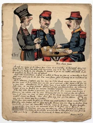 Carta absurda de un soldado escrita a su padre, con errores ortográficos y gramaticales, sobre el dinero y la familia. Dibujo de Gustave Frison en el semanario "The Pleasant World", revista cómica y sátira de 1880.
