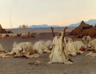 Oración vespertina en el desierto del Sahara. Detalle del campamento tuareg. Pintura de Gustave Achille Guillaumet (1840-1887), 1863. Dimensiones 1,3x2,8 m. París, Museo de Orsay
