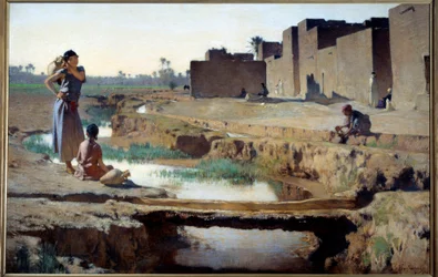 Orientalismo: «La Seguia cerca de Biskra» - Mujer y niño recogiendo agua en el río de un oasis en el desierto argelino. 1884. 1 x 1,5 m, París, Museo de Orsay