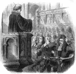 Pedro I el Grande (1672-1725), zar ruso, con su peluca de alcalde durante una visita a una iglesia holandesa en 1716. Grabado por Gustave Janet