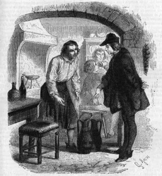 El poeta François Villon (1431-1463) recuperando una botella de vino. Grabado por Gustave Janet