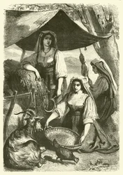 Mujeres vendiendo heno a carreteros en el camino, Italia