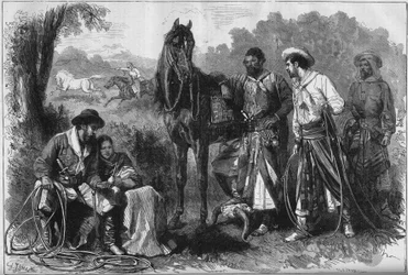 Exposición Universal de 1878 en París: gauchos sudamericanos en el Jardín de Aclimatación. Grabado por Gustave Janet en 