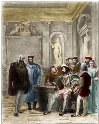 Leonardo da Vinci en la corte del rey de Francia Francisco I. Grabado del siglo XIX por Gustave Greux. Colección privada