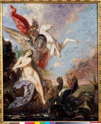 Andrómeda, encadenada a una roca, es liberada por Perseo. Pintura de Gustave Moreau (1826-1898)