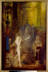 Salomé bailando ante Herodes. Salomé baila en el salón del banquete de Herodes. Herodes, sentado en un alto trono, queda fascinado por la belleza de la maga.