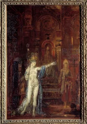 Tatuaje de Salomé. Salomé danza en la sala del banquete de Herodes. Herodes, sentado en un alto trono, está fascinado por la belleza de la hechicera. Pintura de Gustave Moreau (1826-1898)