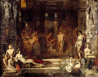 Las hijas de Tespio. El rey Tespio tenía cincuenta hijas a las que quería unir con Heracles (Hércules), representado en el centro, para que todas tuvieran un hijo suyo. Pintura de Gustave Moreau (1826-1898). Dimensiones 2,5 x 2,5 m. París, Museo Gustave