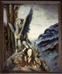 El poeta viajero. Un viajero meditativo y pensativo cerca del caballo alado Pegaso. Pintura de Gustave Moreau
