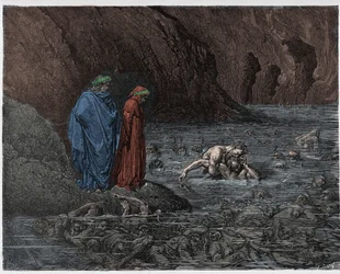 Infierno, Canto 32: Ugolino (Ugolin della Gherardesca) muerde la cabeza del arzobispo Ruggieri (Ruggeri Ubaldini), ilustración de La Divina Comedia de Dante Alighieri, 1885