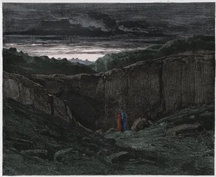 Inferno, Canto 3: Virgilio y Dante en las puertas del infierno, ilustración de La Divina Comedia de Dante Alighieri, 1885