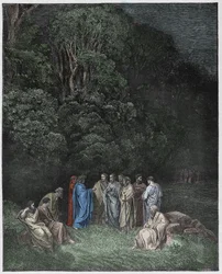 Infierno, canto 4: Homero, los poetas y los héroes en el Limbo, ilustración de La Divina Comedia de Dante Alighieri, 1885