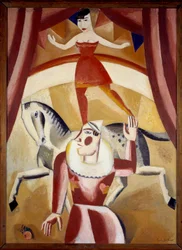 Circo III Un acróbata Ecuyere en equilibrio sobre un caballo y un payaso en una pista de circo dando un espectáculo. Pintura de Gustave de Smet (1877-1943) 1926 Sol. 1,3x1,1 m Grenoble, Museo de Bellas Artes ¡Atención! La utilización de esta obra puede est