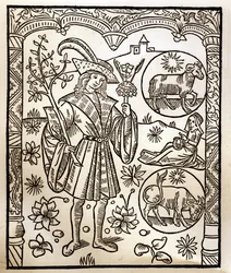 Calendario del pastor - Los trabajos de los meses - Abril - Grabado en madera del libro de 1496 impreso por Guy Marchant (Guido Mercator) en Troyes - Grabado en madera en 