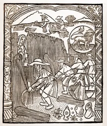 Calendario del pastor - Los trabajos de los meses - Agosto - Xilografía del libro de 1496 impreso por Guy Marchant (Guido Mercator) en Troyes - Grabado en madera en “Le grand Calendrier et compost des shepherds”