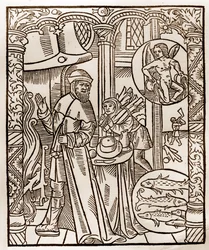 Calendario del pastor - Los trabajos de los meses - Febrero - Xilografía del libro de 1496 impreso por Guy Marchant (Guido Mercator) en Troyes - Grabado en madera en “Le grand Calendrier et compost des shepherds”
