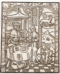 Calendario del pastor - Los trabajos de los meses - Enero - Xilografía del libro de 1496 impreso por Guy Marchant (Guido Mercator) en Troyes - Grabado en madera en “Le grand Calendrier et compost des bergers”