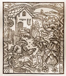 Calendario del pastor - Los trabajos de los meses - Junio - Xilografía del libro de 1496 impreso por Guy Marchant (Guido Mercator) en Troyes - Grabado en madera en “Le grand Calendrier et compost des shepherds”