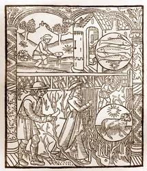 Calendario del pastor - Los trabajos de los meses - Marzo - Xilografía del libro de 1496 impreso por Guy Marchant (Guido Mercator) en Troyes - Grabado en madera en “Le grand Calendrier et compost des shepherds”