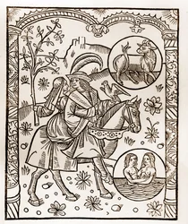 Calendario del pastor - Los trabajos de los meses - Mayo - Xilografía del libro de 1496 impreso por Guy Marchant (Guido Mercator) en Troyes - Grabado en madera en “Le grand Calendrier et compost des shepherds”