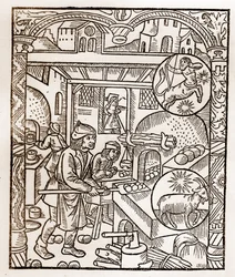 Calendario del pastor - Los trabajos de los meses - Noviembre - Xilografía del libro de 1496 impreso por Guy Marchant (Guido Mercator) en Troyes - Grabado en madera en “Le grand Calendrier et compost des shepherds” - Horno de pan