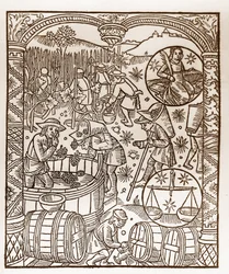 Calendario del pastor - Los trabajos de los meses - Octubre - Xilografía del libro de 1496 impreso por Guy Marchant (Guido Mercator) en Troyes - Grabado en madera en "Le grand Calendrier et compost des shepherds" - La cosecha - y los signos del zodiaco: el