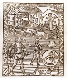 Calendario del pastor - Los trabajos de los meses - Septiembre - Grabado en madera del libro de 1496 impreso por Guy Marchant (Guido Mercator) en Troyes - En primer plano, campesinos sembrando a voleo - Grabado en madera en 