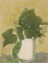 Hojas verdes en una jarra blanca (acuarela, gouache y lápiz sobre papel)