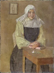 Mère Poussepin sentada a la mesa (óleo sobre lienzo)