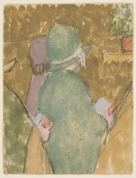Tow Figures in Church (acuarela, gouache y lápiz sobre papel)