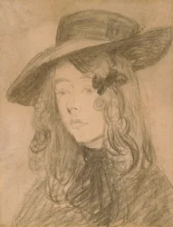 Winifred John con sombrero grande (carboncillo sobre papel)