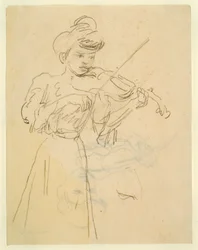 Mujer de pie tocando el violín (lápiz sobre papel)