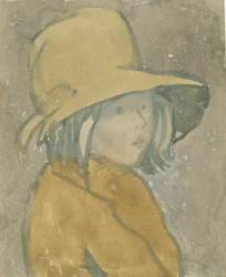 Muchacha con sombrero y abrigo marrones (acuarela sobre papel)
