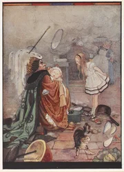 Una caótica escena de cocina con la Holandesa llevando un cerdo vestido de bebé hablando con Alicia mientras la Cocinera lanza utensilios.
