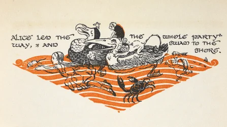 Ilustración de Alicia y los animales nadando en "El estanque de las lágrimas". Entre los animales hay un dodo, un ratón, un mono, un pez, un cangrejo, una ardilla y un pato.