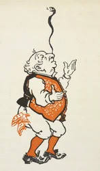 Ilustración de un hombre elegantemente vestido haciendo equilibrios con una serpiente en la nariz.