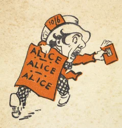 Ilustración del Sombrerero Loco corriendo con un libro y un cartel que dice "Alicia, Alicia, Alicia".