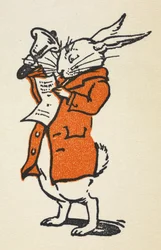 Ilustración del Conejo Blanco con chaqueta roja tocando una gran campana y leyendo